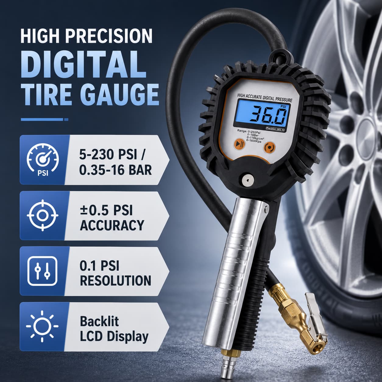 SEAPENG BW-001 Digital Tire Inflator Gauge, 0.3-255 PSI - Image 8