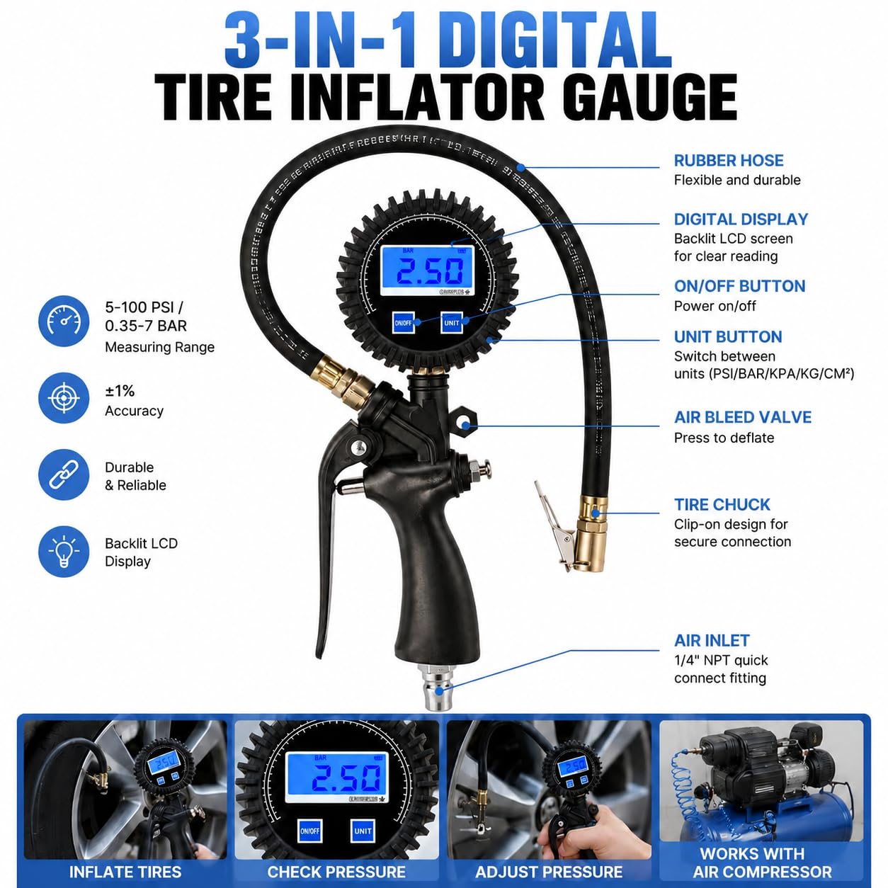 SEAPENG DP-101 Digital Tire Inflator Gauge, 5-220 PSI - Image 5